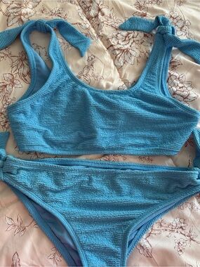 Textured Sky Blue Tie-Shoulder Bikini Set